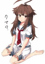 Rule 34 | 10s, 1girl, 501092-taka, ahoge, barefoot, blunt bangs, blush, breasts, brown eyes, brown hair, hands on thighs, kantai collection, kuma (kancolle), long hair, looking at viewer, neckerchief, sailor collar, school uniform, serafuku, shorts, simple background, sitting, small breasts, solo, wariza, white background