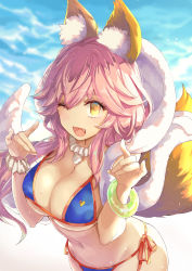 Rule 34 | 1girl, ;d, animal ear fluff, animal ears, bikini, blue bikini, blurry, blurry background, breasts, cleavage, commentary request, day, depth of field, fang, fate/grand order, fate (series), fingernails, fox ears, fox girl, fox shadow puppet, fox tail, hair between eyes, hands up, large breasts, looking at viewer, navel, one eye closed, open mouth, outdoors, pink hair, shintou, side-tie bikini bottom, smile, solo, standing, swimsuit, tail, tail raised, tamamo (fate), tamamo no mae (fate/extra), tamamo no mae (swimsuit lancer) (fate), tamamo no mae (swimsuit lancer) (third ascension) (fate), water, yellow eyes