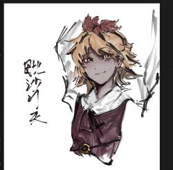 Rule 34 | 1girl, art program in frame, black ribbon, blonde hair, bow, chinese commentary, closed mouth, commentary request, hair bow, neck ribbon, red bow, red vest, ribbon, shirt, short hair, simple background, sketch, smile, solo, toramaru shou, touhou, translation request, vest, white background, white shirt, yellow eyes, yi diao