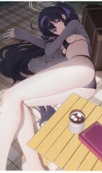 Rule 34 | 1girl, absurdres, ahoge, ass, bikini, black bikini, black hair, blue archive, blush, breasts, cup, dingding (chongsangjun), grey jacket, hairband, halo, high ponytail, highres, jacket, long hair, looking at viewer, lying, on side, open mouth, purple eyes, purple hairband, small breasts, solo, swimsuit, ui (blue archive), wet