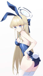 Rule 34 | 1girl, absurdres, animal ear hairband, animal ears, ass, bare arms, bare shoulders, blonde hair, blue archive, blue eyes, blue hairband, blue leotard, bow, bowtie, braid, breasts, cowboy shot, earpiece, fake animal ears, fake tail, from behind, hair bow, hairband, halo, highleg, highleg leotard, highres, leotard, long hair, looking at viewer, looking back, medium breasts, multicolored hair, playboy bunny, rabbit ear hairband, rabbit ears, rabbit tail, shenqi xiao hong zai nali, skindentation, solo, strapless, strapless leotard, streaked hair, tail, thighhighs, thighs, toki (blue archive), toki (bunny) (blue archive), very long hair, white thighhighs, wrist cuffs