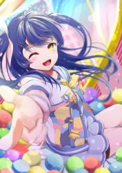 Rule 34 | 1girl, ;), alternate hairstyle, artist name, artist request, bare legs, bare shoulders, black shorts, blue bow, blue hair, blue skirt, blush, bow, bowtie, bracelet, breasts, brown eyes, buttons, close-up, collarbone, dreamy kids&#039; land (love live!), female focus, floating hair, hair between eyes, hair bow, hair ornament, hair tie, hairclip, hayaoki (asagi-iro seishun-bu), headphones, headset, highres, jacket, jewelry, long hair, looking at viewer, love live!, love live! school idol festival, love live! school idol festival all stars, love live! school idol project, miniskirt, one eye closed, parted lips, pink bow, plaid, plaid skirt, pleated, pleated skirt, pointing, pointing at viewer, puffy short sleeves, puffy sleeves, ribbon, shirt, short sleeves, shorts, shorts under skirt, skirt, smile, solo, sonoda umi, sparkle, star (symbol), striped clothes, striped shirt, twintails, vest, wavy hair, wink, yellow bow, yellow eyes, yellow ribbon