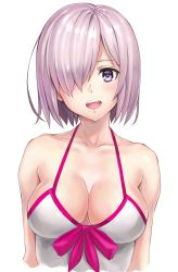 1girl, bare shoulders, breasts, collarbone, fate/grand order, fate (series), hair over one eye, highres, looking at viewer, mash kyrielight, medium breasts, open mouth, purple eyes, purple hair, shinno, short hair, simple background, smile, solo, white background