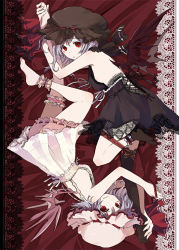 Rule 34 | 2girls, alternate costume, ankle garter, bare back, barefoot, bat wings, black vs white, bloomers, breasts, dual persona, feet, female focus, from above, gothic lolita, hands on feet, hat, holding another&#039;s foot, kintaro, lace, lace-trimmed legwear, lace trim, bridal garter, leg ribbon, legs, lingerie, lolita fashion, looking at viewer, medium breasts, multiple girls, purple hair, red eyes, remilia scarlet, ribbon, rotational symmetry, short hair, sideboob, smile, strap gap, touhou, underwear, wings