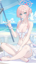 Rule 34 | 1girl, bare arms, bare shoulders, barefoot, beach, beach umbrella, bikini, blue archive, blue eyes, blue sky, breasts, cleavage, cloud, commentary request, day, echj, hair bun, hand up, highres, indian style, large breasts, long hair, looking at viewer, mimori (blue archive), mimori (swimsuit) (blue archive), nail polish, navel, ocean, pink hair, red nails, sarong, sidelocks, sitting, sky, smile, solo, stomach, swimsuit, toenail polish, toenails, umbrella, water, white bikini, wrist cuffs