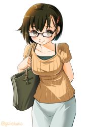 Rule 34 | 1girl, adapted costume, alternate costume, bag, bespectacled, brown eyes, brown hair, commentary request, cowboy shot, glasses, hair ornament, hairclip, handbag, highres, hiryuu (kancolle), kantai collection, leaning forward, long skirt, one-hour drawing challenge, orange shirt, shirt, short hair, simple background, skirt, smile, sogabe toshinori, solo, white background, white skirt