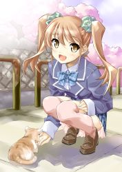 Rule 34 | 1girl, brown eyes, brown hair, cat, cherry blossoms, happy, highres, jacket, long hair, original, pink theme, pink thighhighs, ribbon tie, school uniform, skirt, solo, squatting, thighhighs, tree, twintails