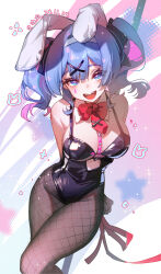 1girl ai_xiao_meng animal_ears arms_behind_back bare_shoulders between_breasts black_leotard blue_eyes blue_hair bow bowtie breasts brown_pantyhose clothing_cutout cutout_above_navel facial_mark fangs fishnet_pantyhose fishnets hair_ribbon hairband hatsune_miku heart_cutout highleg highleg_leotard highres large_breasts leotard long_hair looking_at_viewer open_mouth pantyhose playboy_bunny rabbit_ears rabbit_hole_(vocaloid) ribbon smile solo spaghetti_strap thighs twintails vocaloid white_hairband