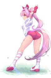 Rule 34 | 1girl, animal ears, arms up, ass, blush, breasts, commentary request, fingerless gloves, full body, gloves, grass, hair ornament, haru urara (umamusume), headband, highres, horse ears, horse girl, horse tail, pink eyes, pink hair, ponytail, small breasts, solo, standing, stretching, tail, umamusume, usapenpen2019, white background