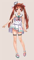 Rule 34 | 10s, 1girl, bare shoulders, blush, brown hair, dark-skinned female, dark skin, dress, fang, hair ribbon, hat, kantai collection, libeccio (kancolle), long hair, looking at viewer, neckerchief, no socks, okina ika, open mouth, panties, pantyshot, red eyes, ribbon, sailor dress, simple background, sleeveless, solo, standing, striped clothes, striped neckerchief, striped panties, thigh strap, twintails, underwear