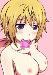 Rule 34 | 10s, 1girl, blush, breasts, charlotte dunois, condom, condom in mouth, condom wrapper, highres, infinite stratos, large breasts, mouth hold, nipples, smile, solo