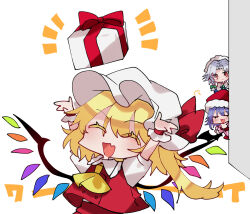 Rule 34 | :d, ^ ^, ascot, blonde hair, blue hair, box, braid, closed eyes, closed mouth, colored eyelashes, crystal, fang, flandre scarlet, gift, gift box, grey hair, hat, hat ribbon, highres, izayoi sakuya, looking at another, maid, maid headdress, miko (miko030751), mob cap, open mouth, peeking out, red headwear, red ribbon, red vest, remilia scarlet, ribbon, santa hat, shirt, side braids, simple background, skin fang, smile, solo focus, touhou, twin braids, vest, white background, white headwear, white shirt, wings, wrist cuffs, yellow ascot