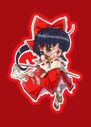 Rule 34 | 1girl, black hair, bow, brown eyes, detached sleeves, dress, female focus, flower, gohei, hair bow, hakurei reimu, holding, imperishable night, long sleeves, looking at viewer, red background, red bow, red dress, ribbon-trimmed sleeves, ribbon trim, short hair, simple background, solo, stick, tao, tao (kadoya), touhou, wide sleeves