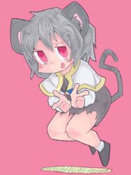 Rule 34 | 1girl, animal ears, blush, capelet, commentary request, cookie (touhou), double finger gun, dress, finger gun, full body, grey dress, grey footwear, grey hair, jumping, kanakamei1, kofji (cookie), long sleeves, looking at viewer, medium bangs, mouse ears, mouse girl, mouse tail, nazrin, open mouth, pink background, red eyes, shirt, shoes, short hair, simple background, smile, socks, solo, tail, touhou, white capelet, white shirt, white socks