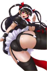 Rule 34 | 1girl, ass, black hair, black panties, black thighhighs, blush, boken fantasy, breasts, dress, from below, garter straps, hair ornament, headdress, highres, large breasts, long hair, looking at viewer, maid, maid headdress, open mouth, original, panties, red eyes, shiny skin, simple background, skirt, thighhighs, twintails, underwear, upskirt, very long hair, wrist cuffs