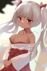 Rule 34 | 1girl, absurdres, bare shoulders, blunt bangs, blurry, blurry background, blush, breasts, cleavage, closed mouth, collarbone, commentary request, dark-skinned female, dark skin, depth of field, female focus, grey hair, hair ribbon, hakama, hakama skirt, highres, japanese clothes, kimono, large breasts, long hair, long sleeves, looking at viewer, miko, off shoulder, original, red eyes, red hakama, red ribbon, ribbon, skirt, solo, templus, twintails, very long hair, white kimono, wide sleeves
