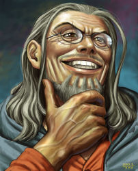 Rule 34 | 1boy, beard, brown eyes, facial hair, glasses, grey hair, grin, hand on own chin, male focus, matataku, one piece, profile, realistic, scar, silvers rayleigh, smile, solo, stroking own chin, veins