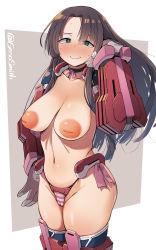Rule 34 | 1girl, armor, bikini, blush, breasts, brown hair, cameltoe, choker, cleavage, commission, date shigezane, geso smith, gloves, green eyes, hair ornament, hand in own hair, hand on own hip, highleg, highleg bikini, highres, inverted nipples, kyoukaisenjou no horizon, large areolae, large breasts, long hair, mecha musume, nose blush, simple background, skeb commission, smile, solo, striped bikini, striped clothes, sweat, swimsuit, twitter username, two-tone background, wavy mouth
