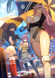 Rule 34 | 3girls, bare shoulders, black hair, breasts, car, character request, choker, cloud, copyright name, covered navel, day, drink, elaine (iron saga), eyepatch, glasses, gloves, highres, holding, holding drink, holding umbrella, huge breasts, iron saga, large breasts, leotard, logo, long hair, medium breasts, motor vehicle, multiple girls, official art, purple eyes, purple hair, race queen, red eyes, second-party source, serenity (iron saga), smile, thighhighs, umbrella