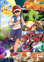 1boy ash-greninja ash_ketchum black_eyes black_hair blue_eyes brown_eyes charizard claws coffee-break colored_sclera creatures_(company) fire game_freak gen_1_pokemon gen_3_pokemon gen_4_pokemon gen_5_pokemon gen_6_pokemon gen_7_pokemon greninja grin hat highres infernape krookodile lucario lycanroc lycanroc_(dusk) mega_lucario mega_pokemon multicolored_hair nintendo open_mouth pikachu pokemon pokemon_(anime) pokemon_(creature) pokemon_journeys red_eyes red_hair running sceptile smile spikes sunglasses teeth tongue two-tone_hair yellow_sclera