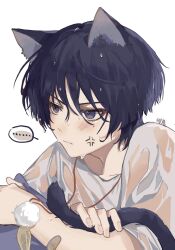 Rule 34 | ..., 1boy, anger vein, animal ears, blush, cat boy, cat ears, cat tail, closed mouth, facing to the side, genshin impact, highres, looking away, male focus, purple eyes, purple hair, scaramouche (genshin impact), shimianaya, shirt, short hair, short sleeves, solo, tail, wet, wet clothes, wet shirt, white background, white shirt