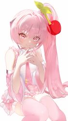 Rule 34 | 1girl, absurdres, blush, cherry hair ornament, collared shirt, detached sleeves, food-themed hair ornament, frilled shirt, frills, hair ornament, hatsune miku, headset, highres, long hair, looking at viewer, nail polish, necktie, onmoynn, own hands together, pink eyes, pink hair, pleated skirt, sakura miku, shirt, side ponytail, sitting, skirt, sleeveless, sleeveless shirt, smile, solo, thighhighs, very long hair, vocaloid