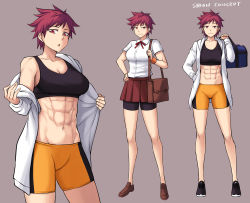 Rule 34 | 1girl, abs, bag, breasts, brown background, character sheet, full body, highres, jacket, large breasts, legs, muscular, muscular female, original, peach88, red eyes, red hair, school uniform, shion (peach88), shoes, short hair, simple background, skirt, sneakers, spiked hair, sports bra, sportswear, tomboy