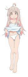 Rule 34 | 1girl, ahoge, barefoot, clothes lift, commentary request, dress, dress lift, hair between eyes, highres, messy hair, mono79390757, multicolored hair, navel, onii-chan wa oshimai!, oyama mahiro, panties, solo, sundress, two-tone hair, underwear, wavy mouth, white background, white panties