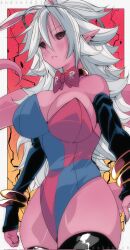 1girl android_21 animal_ears black_detached_sleeves black_sclera black_sleeves black_thighhighs blush bow bowtie bracelet breasts checkered_clothes checkered_leotard cleavage colored_sclera colored_skin detached_sleeves dragon_ball dragon_ball_fighterz fake_animal_ears fake_rabbit_ears female_focus highres huge_breasts jewelry kinakomochi_(user_vedc2333) leotard lightning long_hair looking_at_viewer majin_android_21 multicolored_clothes neck_ring pink_skin playboy_bunny pointy_ears rabbit_ears red_bow red_bowtie red_eyes solo tail thighhighs thighs white_hair wide_hips