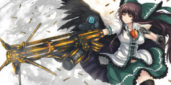 Rule 34 | 1girl, alternate weapon, arm cannon, black hair, black wings, bow, breasts, cape, female focus, hair bow, long hair, panzer (p.z), reiuji utsuho, skirt, solo, thighhighs, touhou, weapon, wings
