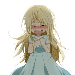 Rule 34 | 1girl, absurdres, blonde hair, bloom, blush, clenched hands, closed eyes, crying, hands on own chest, highres, long hair, marirero a, simple background, solo, source request, tears, transparent background, white background