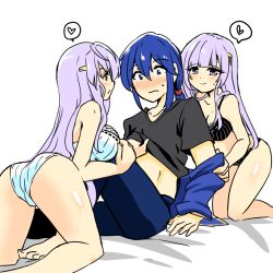 Rule 34 | 1boy, 2girls, ass, black bra, black panties, blue eyes, blue hair, blush, bra, breasts, brother and sister, circlet, commentary request, dual persona, fire emblem, fire emblem: genealogy of the holy war, heart, incest, julia (fire emblem), large breasts, long hair, multiple girls, nintendo, open mouth, panties, ponytail, purple eyes, purple hair, seliph (fire emblem), siblings, simple background, smile, spoken heart, underwear, undressing, white bra, white panties, yukia (firstaid0)