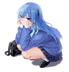 Rule 34 | 1girl, :/, absurdres, arm support, bag, black footwear, black ribbon, blue eyes, blue hair, blue skirt, blue sweater, blush, closed mouth, commentary request, earrings, full body, hair between eyes, hair ribbon, hands on own cheeks, hands on own face, head rest, highres, hololive, hoshimachi suisei, jewelry, loafers, long sleeves, looking at viewer, one side up, pleated skirt, ribbon, school bag, shirt, shoes, skirt, sleeves past wrists, socks, squatting, star (symbol), star in eye, sweater, symbol in eye, virtual youtuber, weasaker, white background, white shirt, white socks