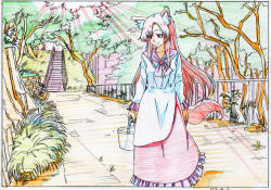 Rule 34 | animal ears, basket, closed mouth, colored pencil (medium), dated, day, dress, fence, gem, graphite (medium), grass, highres, holding, imaizumi kagerou, key frame, light rays, long hair, long sleeves, looking to the side, makicha (sasurainopink), outdoors, red hair, red skirt, scan, skirt, smile, solo, stairs, standing, tail, touhou, traditional media, white dress, wolf ears, wolf tail
