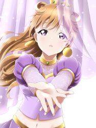 Rule 34 | 1girl, artist name, artist request, blush, bracelet, breasts, brown hair, butterfly (love live!), choker, cleavage, clothing cutout, collarbone, cropped shirt, crown, detached sleeves, double bun, dress, dress shirt, earrings, female focus, floating hair, gold bracelet, hair between eyes, hair bun, hair rings, harem outfit, jewelry, konoe kanata, long hair, looking at viewer, love live!, love live! nijigasaki high school idol club, love live! school idol festival, medium breasts, navel, parted lips, puffy short sleeves, puffy sleeves, purple curtains, purple eyes, purple shirt, purple shorts, reaching, reaching towards viewer, shirt, short sleeves, shorts, shoulder cutout, smile, solo, sparkle, two side up, white background, yellow bracelet, yellow choker