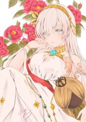 Rule 34 | 1girl, alternate costume, anastasia (fate), blonde hair, blue eyes, breasts, cleavage, cleavage cutout, clothing cutout, commentary, cowboy shot, crown, dress, fate/grand order, fate (series), flower, hair over one eye, headband, highres, large breasts, long hair, mini crown, red flower, red rose, rose, sheepd, signature, simple background, sleeveless, sleeveless dress, very long hair, viy (fate), white background, white dress, white hair
