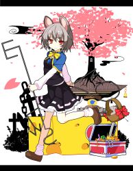 Rule 34 | 1girl, absurdres, animal ears, bishamonten&#039;s pagoda, cheese, cherry blossoms, food, greatmosu, grey hair, highres, letterboxed, mouse (animal), mouse ears, mouse tail, nazrin, parody, petals, red eyes, rod, smile, solo, style parody, tail, touhou, treasure chest