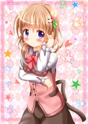 Rule 34 | 1girl, argyle, argyle background, argyle clothes, blush, bow, bowtie, breasts, brown skirt, buttons, closed mouth, commentary request, cowboy shot, diffraction spikes, eyebrows, flower, frilled sleeves, frills, gochuumon wa usagi desu ka?, hair ornament, hairclip, heart, highres, hoto cocoa, light brown hair, long hair, long sleeves, looking at viewer, purple eyes, rabbit house uniform, red bow, red bowtie, skirt, sleeveless, small breasts, smile, solo, star (symbol), vest, xenon (for achieve)
