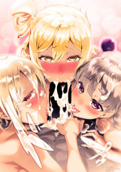 Rule 34 | 1boy, 3girls, blank censor, blush, celis reinhartd, censored, collaboration, colorized, cooperative fellatio, cum, cum in mouth, facial, fellatio, group sex, hair between eyes, harem, heart, heart-shaped pupils, hetero, highres, licking, licking penis, looking at viewer, multiple girls, naruse maria, navel, ookuma nekosuke, oral, owendss98, penis, shinmai maou no testament, symbol-shaped pupils, tachibana nanao, third-party edit, tongue, tongue out