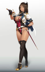 Rule 34 | 1girl, ascot, belt, black gloves, boots, breasts, brooch, brown hair, cape, cleavage, dark-skinned female, dark skin, full body, glint, gloves, gradient background, hand on own hip, hat, high heel boots, high heels, highres, houtengeki, jewelry, large breasts, looking at viewer, mini hat, original, parted lips, rapier, sheath, short sleeves, simple background, solo, standing, sword, thigh boots, thighhighs, weapon, yellow eyes