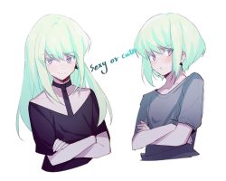 Rule 34 | 1boy, alternate hairstyle, blonde hair, blush, earrings, gloves, green hair, haiiro (frabilovelove), jewelry, lio fotia, long hair, looking at viewer, male focus, multiple views, open mouth, promare, purple eyes, short hair, simple background, smile, trap, white background
