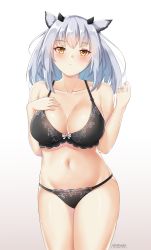 Rule 34 | 1girl, absurdres, arknights, artist name, bare arms, bare shoulders, black bra, black panties, blush, bra, breasts, cleavage, collarbone, commentary, cowboy shot, english commentary, gradient background, grey background, groin, hand on own chest, hands up, highres, large breasts, looking at viewer, mistraia, navel, panties, pointy hair, ptilopsis (arknights), short hair, silver hair, solo, standing, stomach, thighs, underwear, underwear only, white background, yellow eyes