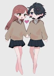 Rule 34 | 2girls, azuma (magi-inazuma), bare legs, barefoot, black hair, black skirt, blush stickers, brown eyes, brown hair, brown sweater, collared shirt, commentary request, full body, grey background, hair over one eye, heart, holding hands, long hair, long sleeves, looking at another, multiple girls, open mouth, original, pleated skirt, purple eyes, school uniform, shirt, skirt, smile, sweater, white shirt, yuri