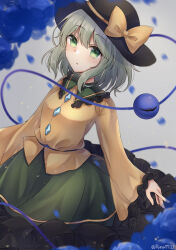 Rule 34 | 1girl, black hat, blouse, blue background, bow, breasts, collared shirt, frilled shirt collar, frilled skirt, frilled sleeves, frills, green eyes, green skirt, hat, hat bow, hat ribbon, head tilt, highres, komeiji koishi, long sleeves, looking at viewer, ribbon, runa (runa7733), shirt, skirt, small breasts, solo, third eye, touhou, white background, wide sleeves, yellow bow, yellow ribbon, yellow shirt