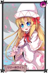 Rule 34 | 1girl, blonde hair, blue eyes, cherry blossoms, hair between eyes, hat, highres, lily white, long hair, long sleeves, open mouth, outstretched arms, red neckwear, shen li, solo, touhou, wide sleeves