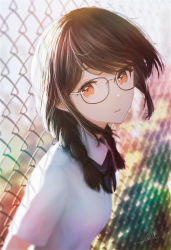 Rule 34 | 1girl, backlighting, black-framed eyewear, blue bow, blue bowtie, blurry, blurry background, bow, bowtie, braid, braided ponytail, brown eyes, brown hair, chain-link fence, collared shirt, fence, glasses, highres, long hair, looking at viewer, ojay tkym, original, outdoors, parted lips, revision, school uniform, shirt, short sleeves, solo, sunlight, twintails, white shirt