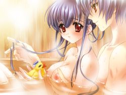 Rule 34 | 00s, 1boy, 1girl, bath, blue hair, blush, breasts, brother and sister, carnelian, completely nude, couple, game cg, grabbing, grabbing another&#039;s breast, hetero, incest, kamiazuma touka, kawakabe momoka, large breasts, long hair, mixed-sex bathing, nipples, nude, red eyes, rubber duck, shared bathing, siblings, steam, touka gettan, water, wet