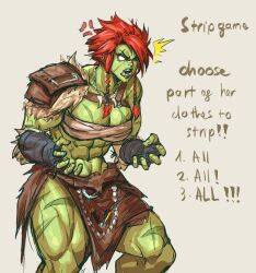 Rule 34 | 1509virgoart, 1girl, arm wrap, armor, breasts, chest sarashi, colored skin, female orc, green skin, highres, large breasts, leather armor, loincloth, meme, muscular, muscular female, navel, orc, original, pointy ears, red hair, sarashi, scar, scar across eye, scar on face, short hair, shoulder armor, solo, tusks, twitter strip game (meme), white eyes