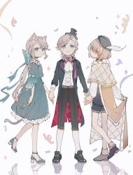 Rule 34 | 1girl, 2boys, absurdres, alternate costume, animal ears, ascot, black footwear, black headwear, black pants, blue bow, blue dress, blue footwear, blue shorts, bow, bowtie, brother and sister, cape, cat ears, cat girl, cat tail, confetti, dress, dress shirt, freminet (genshin impact), frilled dress, frills, full body, genshin impact, hair bow, hat, highres, holding hands, long hair, lynette (genshin impact), lyney (genshin impact), mary janes, mini hat, mini top hat, multiple boys, pants, pink bow, pink bowtie, ponytail, shirt, shoes, shorts, siblings, tail, top hat, white cape, yue (shemika98425261)