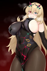 Rule 34 | 1girl, bare shoulders, black dress, black gloves, blonde hair, blue eyes, breasts, brown pantyhose, covered navel, dress, elbow gloves, barghest (fate), barghest (second ascension) (fate), fate/grand order, fate (series), gloves, grin, heterochromia, highres, horns, jjanda, large breasts, long hair, looking at viewer, pantyhose, pelvic curtain, red eyes, sideboob, smile, solo, thighs